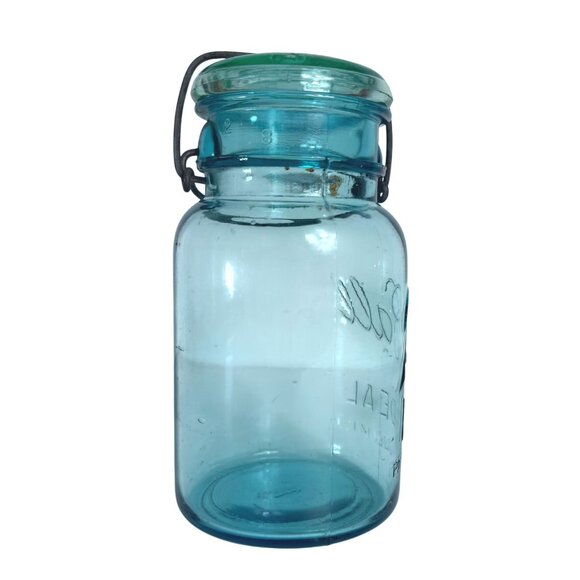 Ball Ideal Aqua Blue Mason Jar Canning Glass Lid Wire Closure VTG Quart Number 1 - Picture 5 of 16